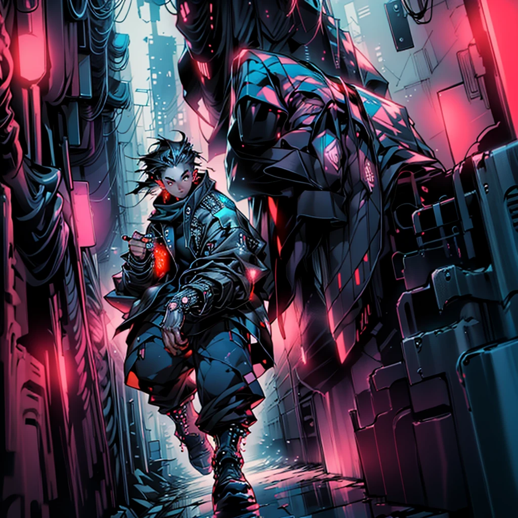 masterpiece, best quality), (Complex lighting), 1 boy,Handsome, Solitary, Complex lighting effects, black eyes,The proportions of the characters are normal, Cold and expressionless, Character against the wall,Cyberpunk city background,anime boy,Panoramic view