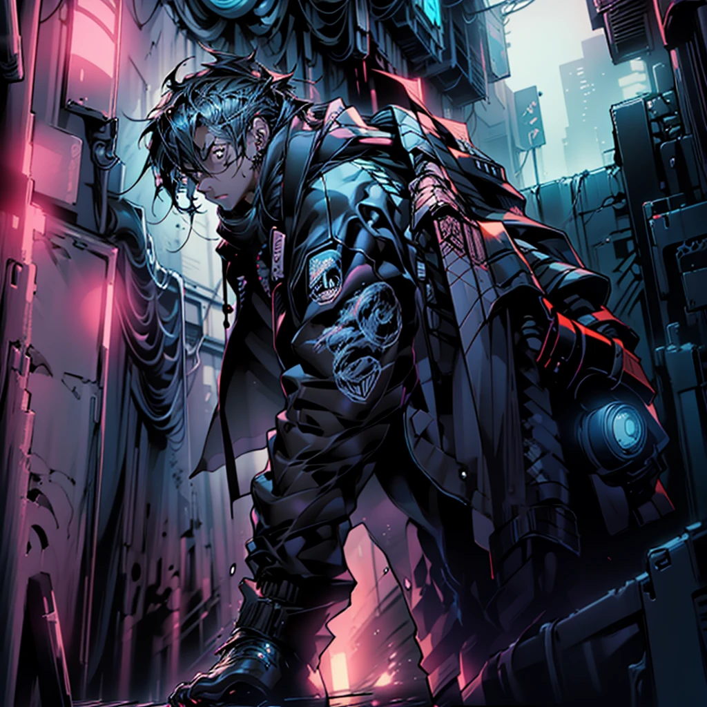 masterpiece, best quality), (Complex lighting), 1 boy，Handsome, Solitary, Complex lighting effects, black eyes,The proportions of the characters are normal， Cold and expressionless, Character against the wall,Cyberpunk city background,anime boy，Panoramic view