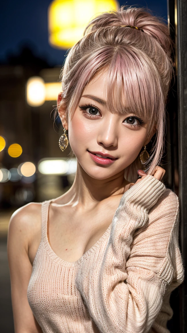 Highest quality, Tabletop, Ultra-high resolution, (Realistic:1.4), (Japanese Idols),RAW Photos, One Girl, night,Detailed skin,Blurred cityscape of South Korea,,Blonde, (Pink inner hair:1.3),Glossy Lips,smile,(Model pose:1.2),2,Beautiful and beautiful eyes,Diamond jewellery,Earrings,Gold Jewelry,Cold Light,Tight black knitwear,,(Strengthened upper arms:1.2),A well-trained body,Pixie Hair