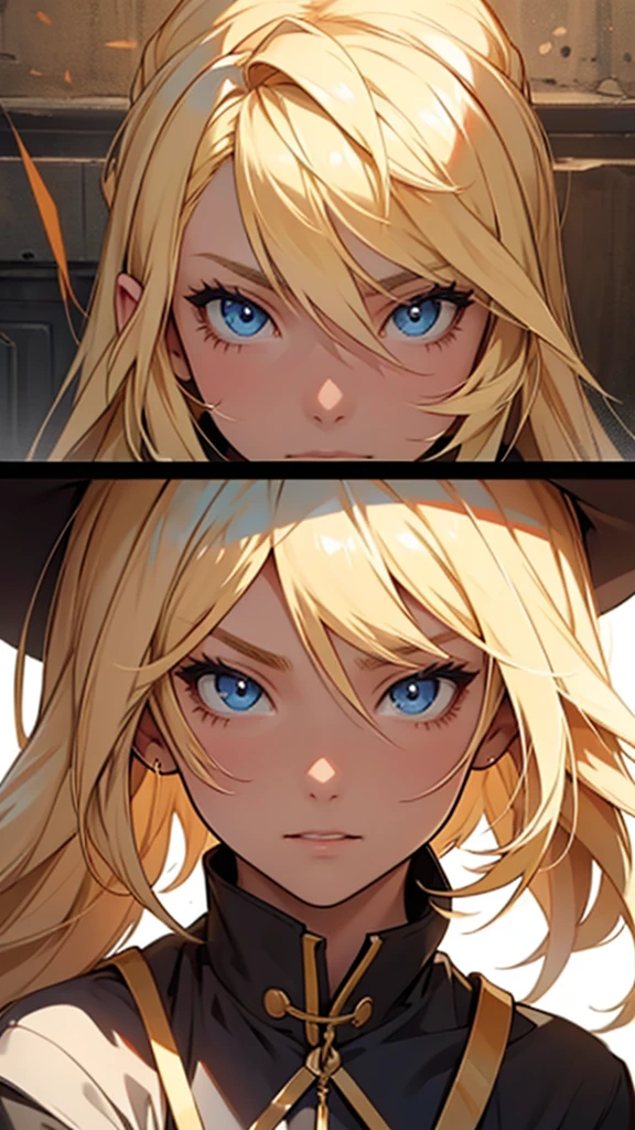 Og Charater sheet with 3 angle view (front, 3/4, side), a girl, blond hair, (masterpiece), best quality, expressive eyes, perfect face, 