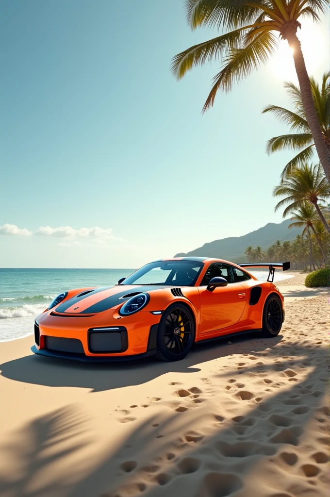 porsche gt3 rs color orange, wallpaper beach background   sony α7 III, candid 4k, F1. 2, 85mm, 32k render, photography realistic