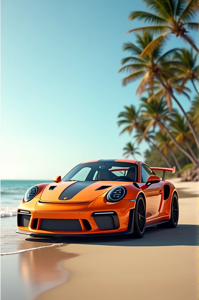porsche gt3 rs color orange, wallpaper beach background   sony α7 III, candid 4k, F1. 2, 85mm, 32k render, photography realistic