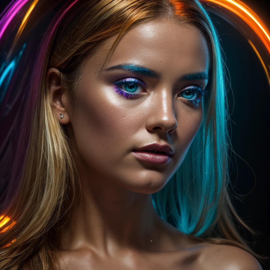 a women portrait, misty evening in the swamp, close up holographic gold and silver polish perfectly shaped flowers, yellow and pink and blue and orange, luminous translucent ghostly glass fantasy, gold and orange and red and black, Salvador Dali, holographic data, soft body, shadow play, light, mist, atmospheric, vivid, red, purple, blue, cinematic, film light, hyper detailed, hyper realistic, masterpiece, atmospheric, high resolution, vivid, high contrast, dark 