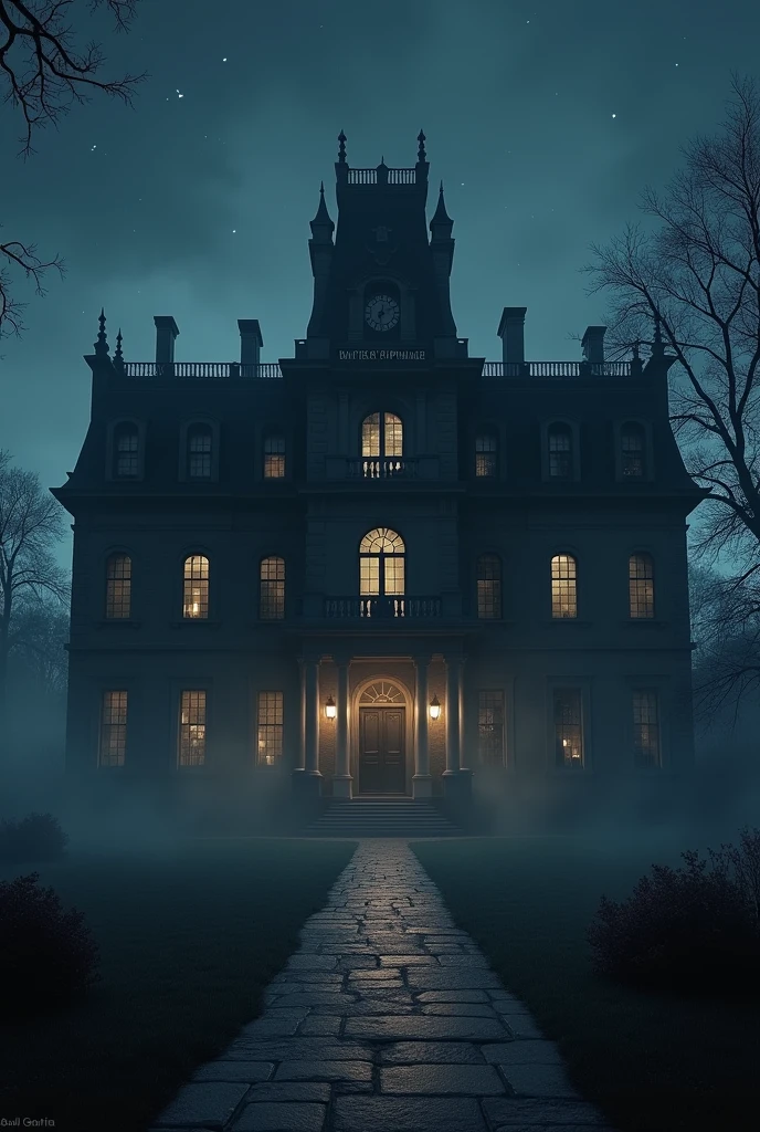 Batman Manor. Night time, stars but foggy, has a sigh that says, Wayne's Orphanage