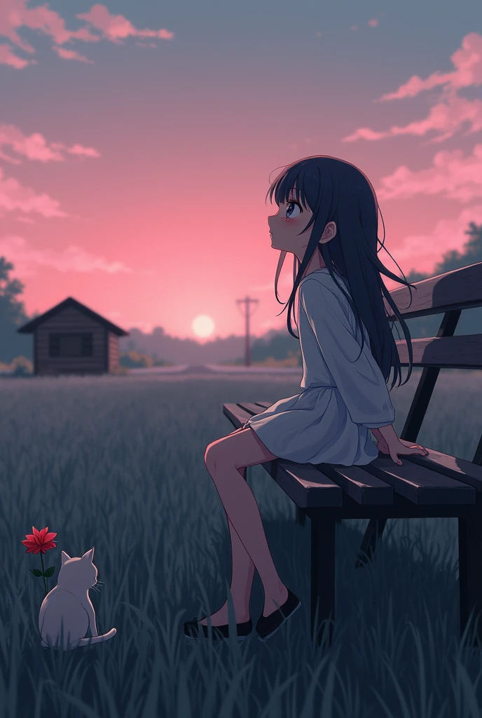 A anime character girl sitting on a bench roadside looking the sky and crying , some wood house , a cat sat, one pink sky, red flower, the field is dark ,black, the girl also colourless