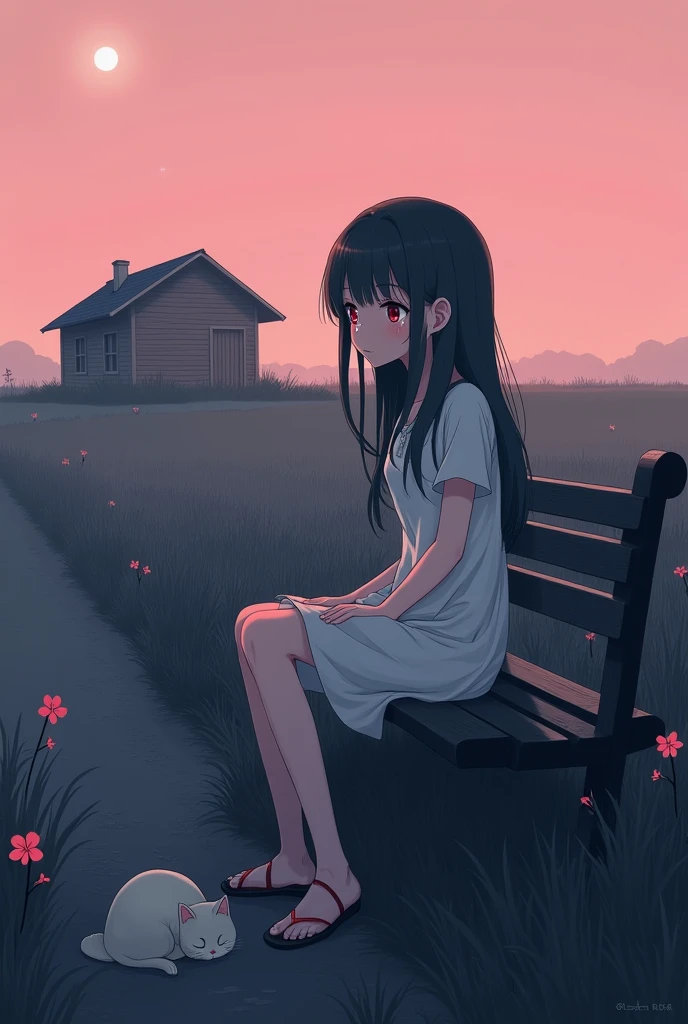 A anime character girl sitting on a bench roadside looking the sky and crying , some wood house , a cat sat, one pink sky, red flower, the field is dark ,black, the girl also colourless