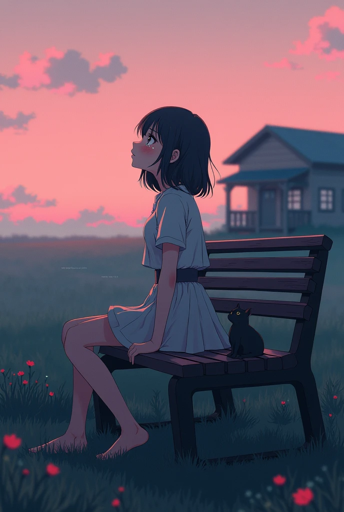 A anime character girl sitting on a bench roadside looking the sky and crying , some wood house , a cat sat, one pink sky, red flower, the field is dark ,black, the girl also colourless