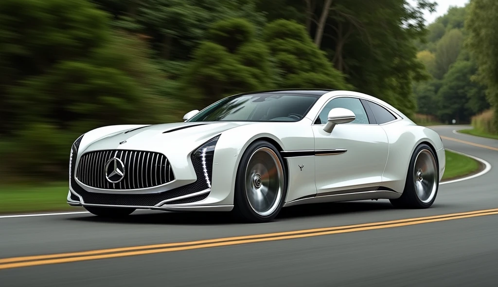 A beautiful white Mercedes-Benz Maybach Exelero car on a road, I want to see it in full view.