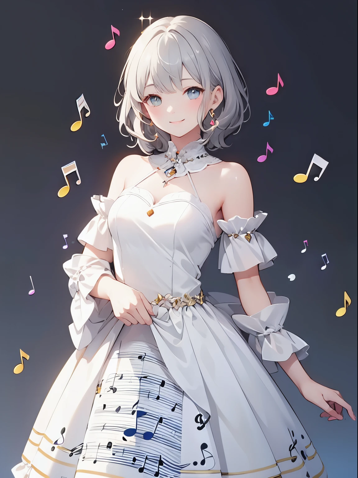 ((Highest quality)), ((masterpiece)), (detailed),Gray Hair,((dress A musical notes print)),cowboy shot , ((no hat:1.5)),(simple background),(gentle smile:1.5),girl,(princess),((perfect hand))
