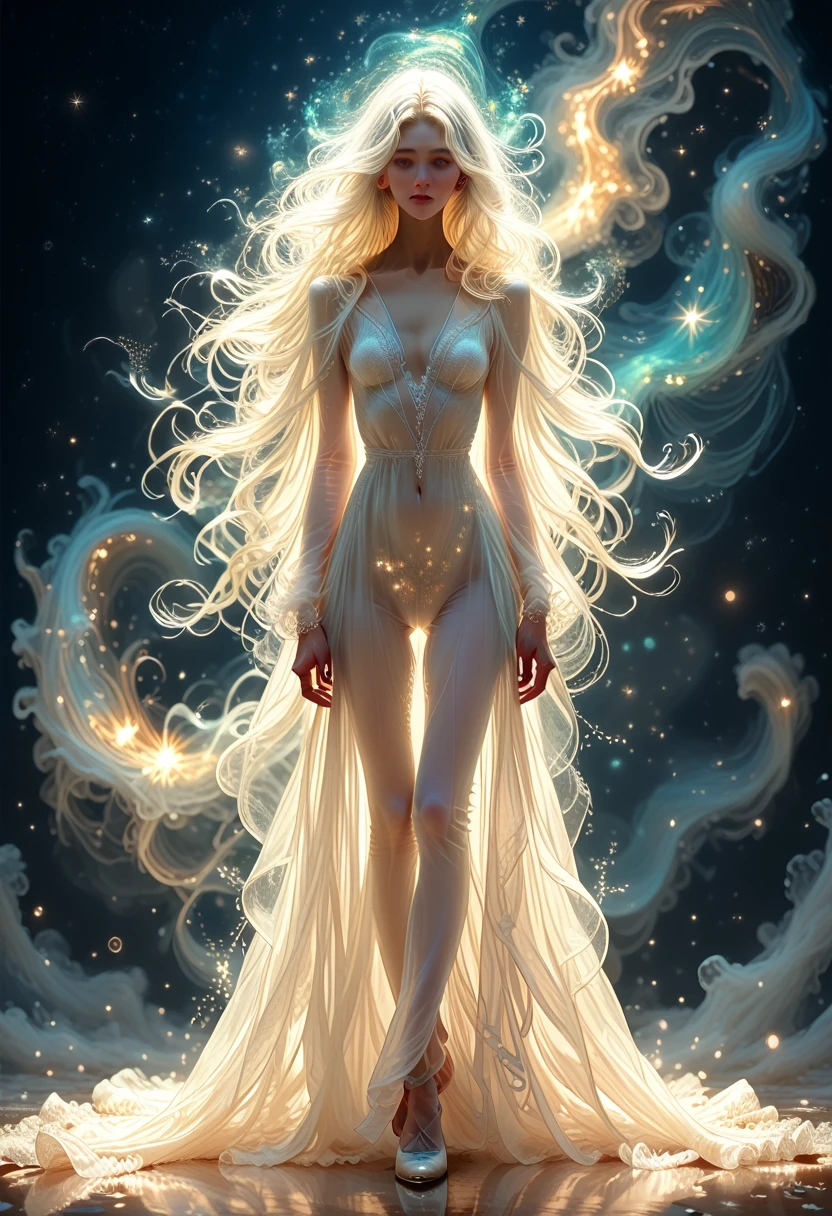 masterpiece, a beautiful void goddess, whole body in white transparent clothes, standing under the empty night stars, disappearing sheer pants, standing upright, Tall figure, slender legs, Detailed faces, detailed body parts details, 8k wallpaper