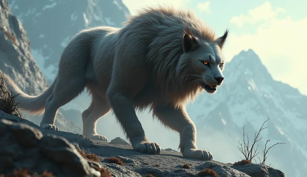 There is a wild beast on the bare mountain with no vegetation.，Like a bobcat，Very long hair on the head（best quality，4K，8k，High level，masterpiece：1.2），Ultra Detailed，（lifelike，Photo real，Photo real：1.37）