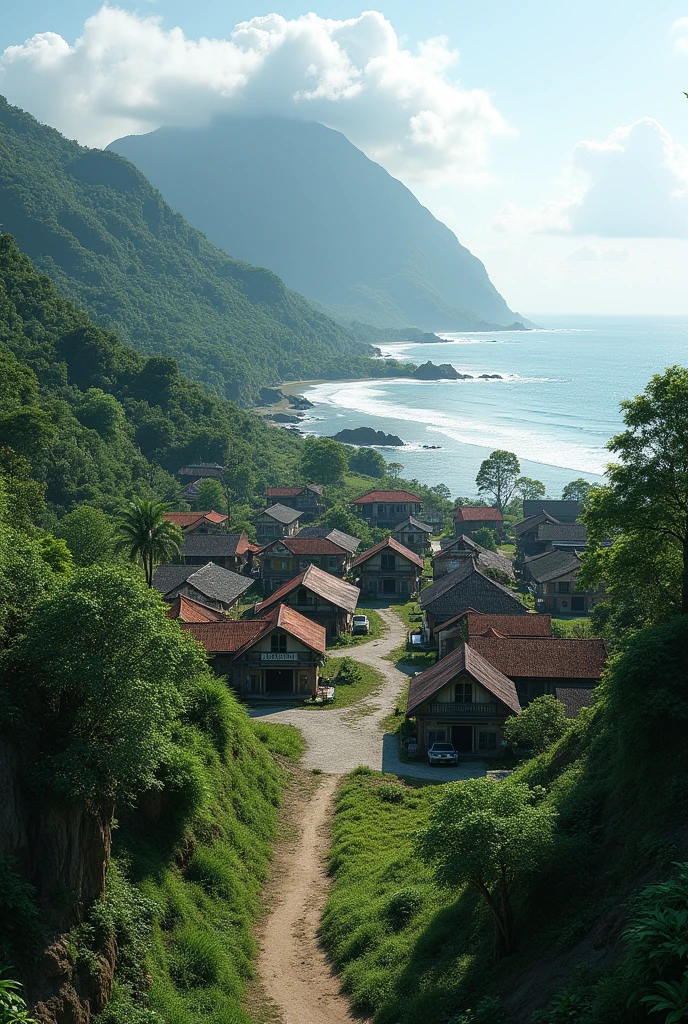 Village of ancient Ternate island, ocean and Ternate mountain, no peoples, perfect, Hyper realistic, UHD, 64K