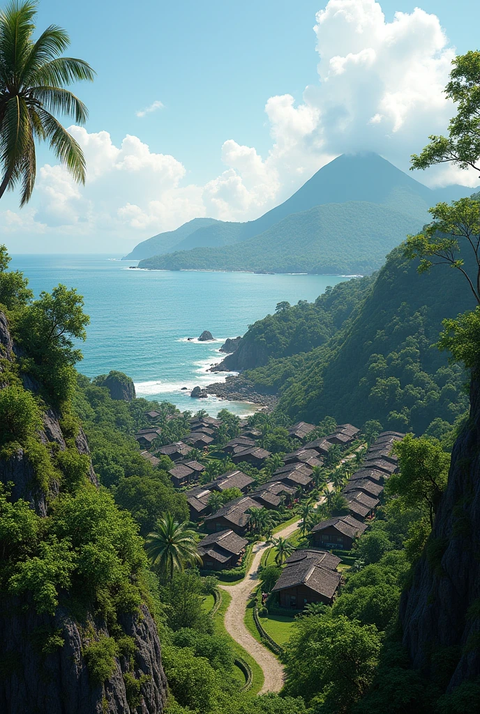 Village of ancient Ternate island, ocean and Ternate mountain, no peoples, perfect, Hyper realistic, UHD, 64K