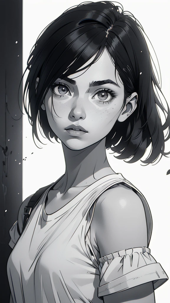 1 boyish girl, solo, sharp eyes, monochrome, greyscale, shoulder length black hair, portrait, (blank white T-shirt), Thin eyebrows, closed mouth, looking at viewer, detailed lips, hatching \(texture\), without makeup, (bangs), upper body, (best illustration), (best quality), (very detailed), (masterpiece), expressionless,