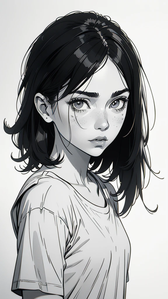 1 boyish girl, solo, sharp eyes, monochrome, greyscale, shoulder length black hair, portrait, (blank white T-shirt), Thin eyebrows, closed mouth, looking at viewer, detailed lips, hatching \(texture\), without makeup, (bangs), upper body, (best illustration), (best quality), (very detailed), (masterpiece), expressionless,