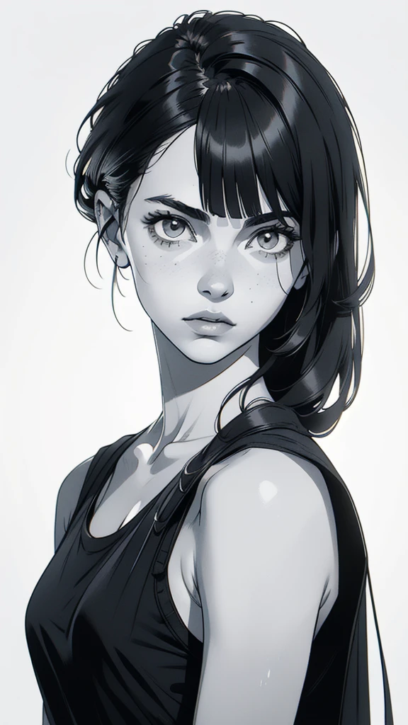 1 boyish girl, solo, sharp eyes, monochrome, greyscale, shoulder length black hair, portrait, (blank white T-shirt), Thin eyebrows, closed mouth, looking at viewer, detailed lips, hatching \(texture\), without makeup, (bangs), upper body, (best illustration), (best quality), (very detailed), (masterpiece), expressionless,