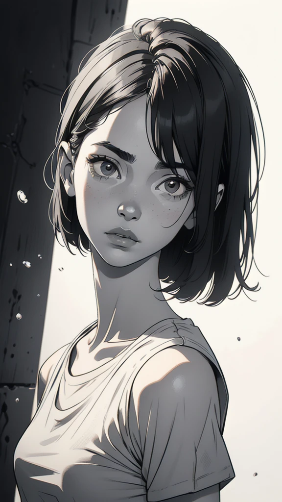 1 boyish girl, solo, sharp eyes, monochrome, greyscale, shoulder length black hair, portrait, (blank white T-shirt), Thin eyebrows, closed mouth, looking at viewer, detailed lips, hatching \(texture\), without makeup, (bangs), upper body, (best illustration), (best quality), (very detailed), (masterpiece), expressionless,