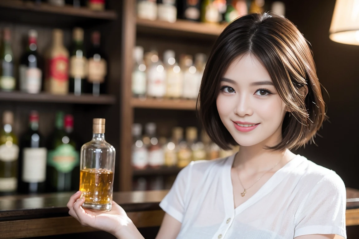 ((Highest quality、8k、masterpiece:1.3))、Whiskey bottles、The Macallan、Joni Black、Old Parr、whiskey、Suntory、Nikka、Slim Couple、modelカップル、(Realistic, Intricate details:1.2), full-course dinner、Whiskey bottle and glass on the table、Single Malt、scotch、Rocks glass、Shot Glass、Malt whiskey、、Scotland、Amazing view of the sunset sky and clouds、A bright smile、The wonderfulness of smile、 Beautiful Face, blue eyes, The light shines on your face, blush, short hair,Bright Face、 (Age 37), 3,Two beauties、Brown Hair、Shortcuts、Short sleeve shirt、dress、Beautiful woman 1, (Slim face), (The body is スリム), (Brown Hair), (Shortcuts), cheeks turn a little red,Attractive beauty、restaurant, In a prominent place (From the waist up) Nova Frog Style, actress, model,  (smile: 1.15), Beautiful fine grain, Depth f/2,saturation, High Contrast, Strong light and shadow,Moist Body:1.5、3D texture、Delicate eyes、Brown Hair、The hair is very shiny、