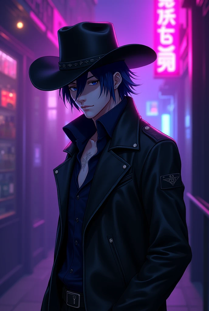 male, man, cowboy, dark blue hair, black cowboy hat, black jacket, relaxed pose, anime, intricate details, hot colors, night club light, purple lighting
