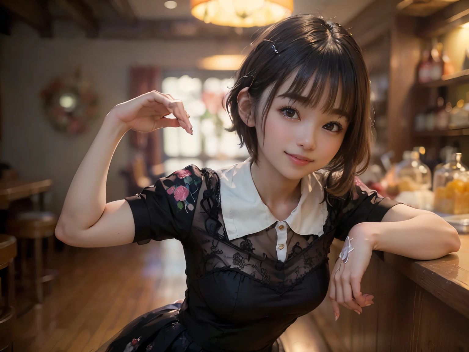 (Highest quality, masterpiece, Ultra-high resolution, 8k, RAW Photos, Realistic, Anatomically correct:1.5), 20-year-old girl:1.2, Embarrassing, avert your eyes, blush:1.0, View Viewer, ((bar)) 、Large windows、Night view、 Light:1.2, Bokeh, Cinema Lighting:1.0, Depth of written boundary, sharp、 Cute Face、Idol、(Black short sleeve lace top)、(Black tulle skirt)、(Black clothing)、(Floral clothes)、”dwarf”、(Full Body Shot)、(Side angle)、Cowboy Shot、( smile)、((Ultra short hair、Berry Short))、(Straight bangs)、((See-through))、(( One woman))、look back、I can see your belly button、
