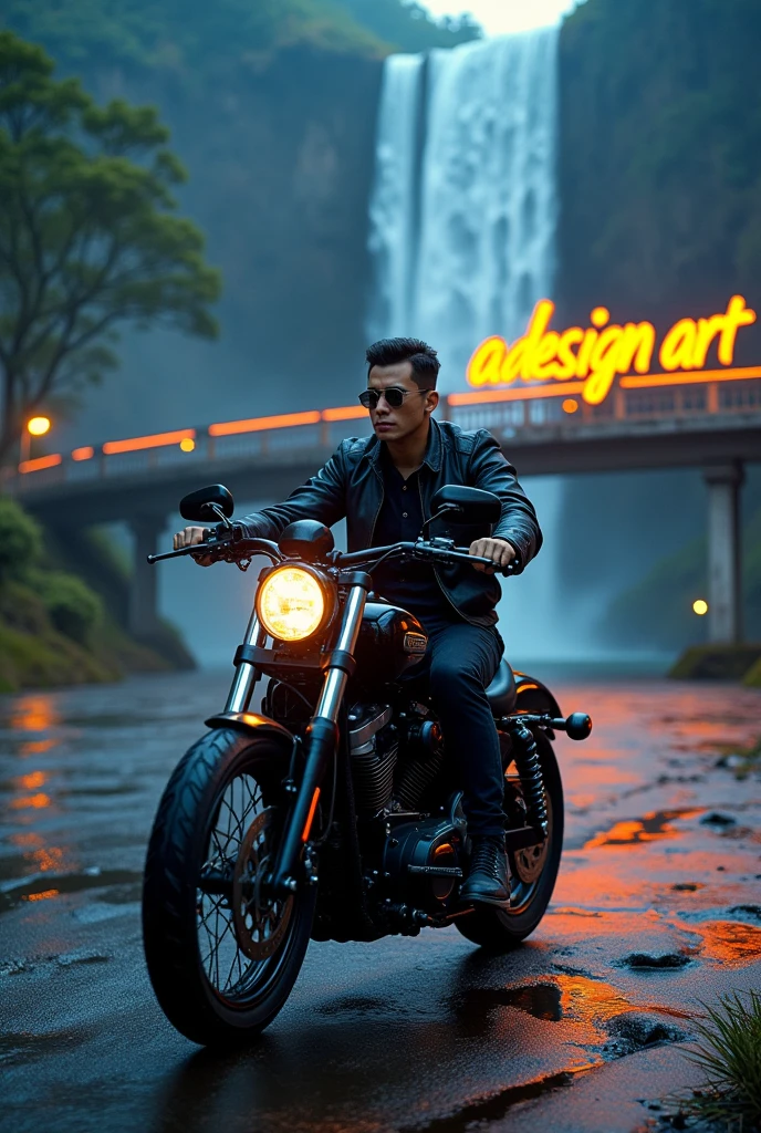 Cinematic and dynamic wallpaper with main text "Adesign Art". Text in graffiti font with dark blue background and bright orange text. There is a high definition picture of a Handsome man from Thailand wearing a black jacket and riding a Harley Davidson motorcycle.. with The background is a cinematic scene with a waterfall, small river, and modern bridges. The whole picture