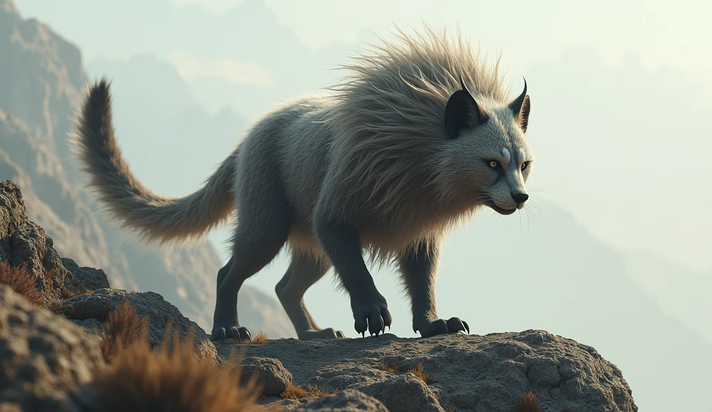 There is a wild beast on the bare mountain with no vegetation.,Like a civet cat,Very long hair on the head(best quality,4K,8k,High level,masterpiece:1.2),Ultra Detailed,(lifelike,Photo real,Photo real:1.37)