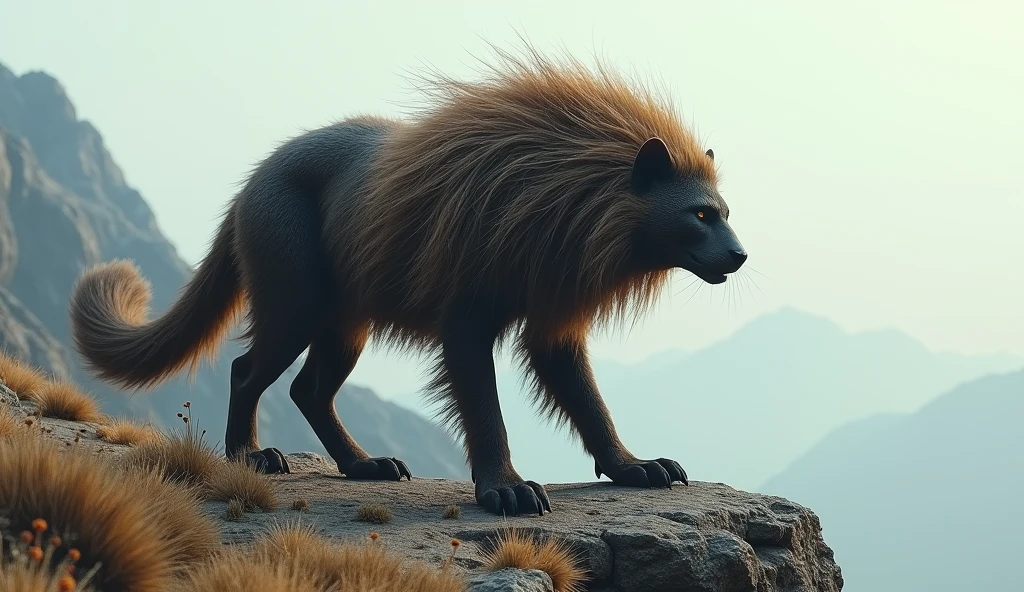 There is a wild beast on the bare mountain with no vegetation.，Like a civet cat，Very long hair on the head（best quality，4K，8k，High level，masterpiece：1.2），Ultra Detailed，（lifelike，Photo real，Photo real：1.37）