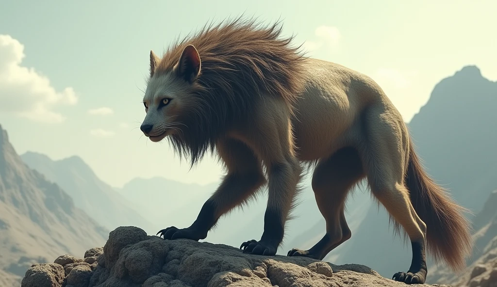 There is a wild beast on the bare mountain with no vegetation.,Like a civet cat,Very long hair on the head(best quality,4K,8k,High level,masterpiece:1.2),Ultra Detailed,(lifelike,Photo real,Photo real:1.37)