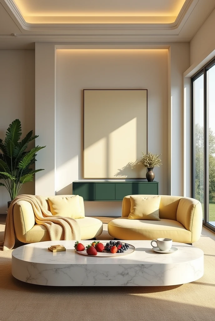 Professional 3d architecture rendering design of modern and minimal relax room with light lemon colour modern velvet 2 Florence sofa and Light cream blanket for sofa and white stone marble table modern and modern ceiling lighting and elegant ceiling lighting and Dark green consulate and modern ceiling lighting and elegant wall painting and elegant accessories and elegant green space and beautiful wall painting and modern windows and beautiful curtains and warm color for carpet and beautiful relax room and one dish of strawberry and blueberry and chocolate and cup of coffee on the table and garden view