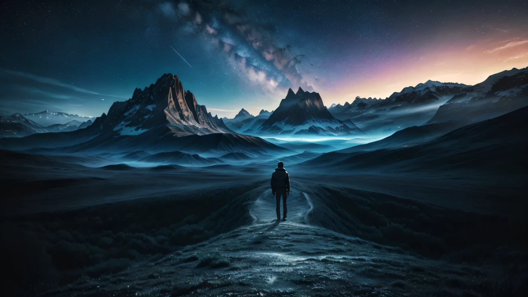 a lonely person standing in a galactic landscape, mysterious night sky, mountainous terrain, very tall mountains, person standing extremely far from the camera, magical dream scene, dark surface (best quality,4k,8k,highres,masterpiece:1.2),ultra-detailed,(realistic,photorealistic,photo-realistic:1.37),hyperrealistic, dramatic lighting, cinematic composition, moody atmosphere, ethereal, surreal, sci-fi, fantasy