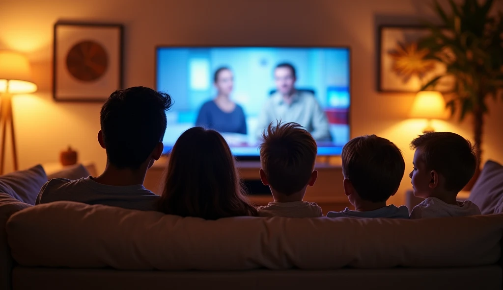 a family watching the news on tv,cozy living room,warm lighting,comfortable sofa and chairs,realistic,photorealistic,photo-realistic:1.37,best quality,4k,8k,highres,masterpiece:1.2,ultra-detailed,HDR,UHD,studio lighting,extremely detailed,professional,vivid colors,cinematic lighting,warm tones,detailed interior