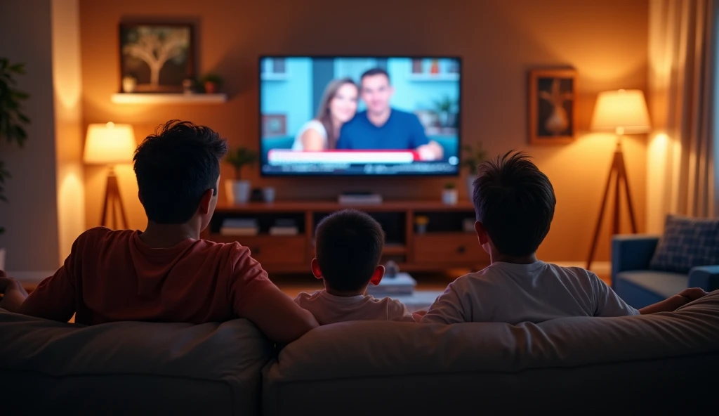 a family watching the news on tv,cozy living room,warm lighting,comfortable sofa and chairs,realistic,photorealistic,photo-realistic:1.37,best quality,4k,8k,highres,masterpiece:1.2,ultra-detailed,HDR,UHD,studio lighting,extremely detailed,professional,vivid colors,cinematic lighting,warm tones,detailed interior