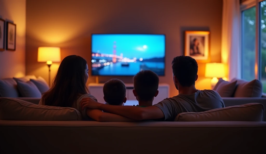 a family watching the news on tv,cozy living room,warm lighting,comfortable sofa and chairs,realistic,photorealistic,photo-realistic:1.37,best quality,4k,8k,highres,masterpiece:1.2,ultra-detailed,HDR,UHD,studio lighting,extremely detailed,professional,vivid colors,cinematic lighting,warm tones,detailed interior