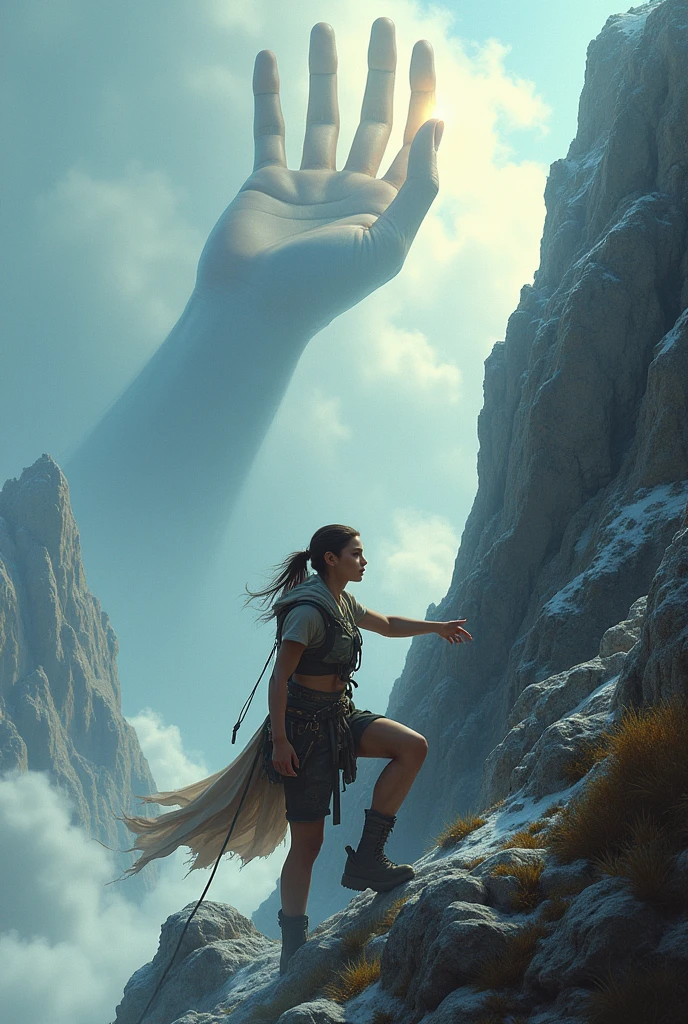 A woman climbing a mountain to reach a Big hand from the sky