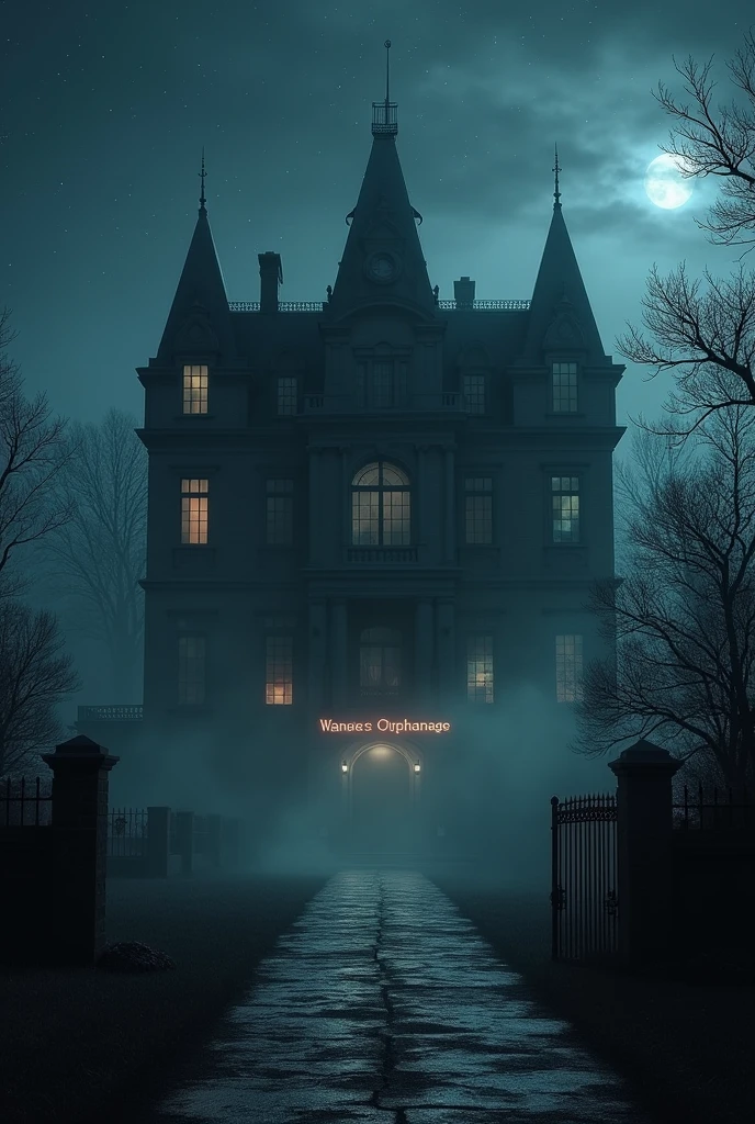 Batman Manor. Night time, stars but foggy, has a sigh that says, Wayne's Orphanage