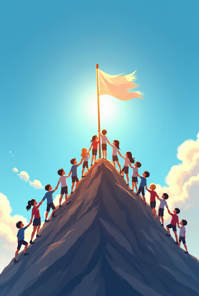 20 young people hold each other's hands to climb to the top, there is a flag on the top, the background should be white flag and  blue  sky sun shwine