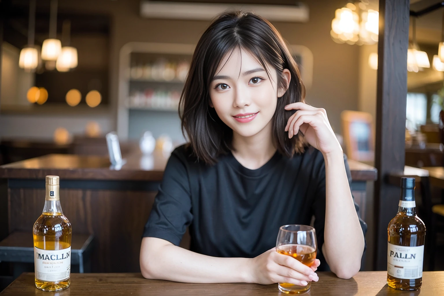 ((Highest quality、8k、masterpiece:1.3))、Whiskey bottles、The Macallan、Joni Black、Old Parr、whiskey、Suntory、Nikka、Slim Couple、modelカップル、(Realistic, Intricate details:1.2), full-course dinner、Whiskey bottle and glass on the table、Single Malt、scotch、Rocks glass、Shot Glass、Malt whiskey、、Scotland、Amazing view of the sunset sky and clouds、A bright smile、The wonderfulness of smile、 Beautiful Face, blue eyes, The light shines on your face, blush, short hair,Bright Face、 (Age 37), 3,Two beauties、Brown Hair、Shortcuts、Short sleeve shirt、dress、Beautiful woman 1, (Slim face), (The body is スリム), (Brown Hair), (Shortcuts), cheeks turn a little red,Attractive beauty、restaurant, In a prominent place (From the waist up) Nova Frog Style, actress, model,  (smile: 1.15), Beautiful fine grain, Depth f/2,saturation, High Contrast, Strong light and shadow,Moist Body:1.5、3D texture、Delicate eyes、Brown Hair、The hair is very shiny、