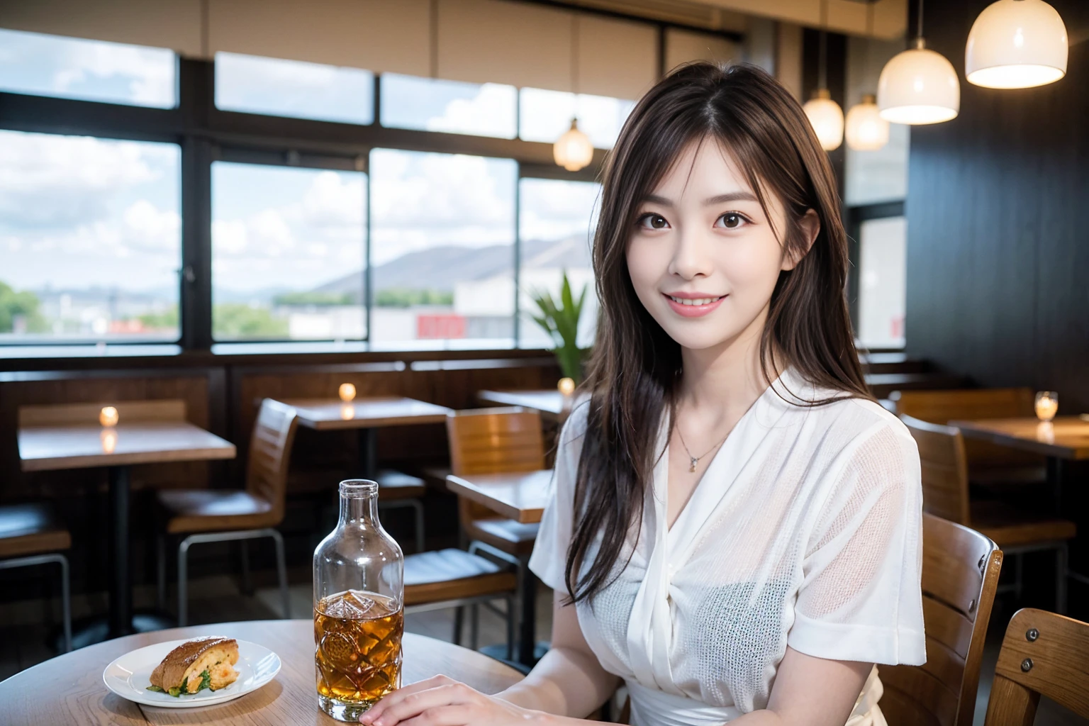 ((Highest quality、8k、masterpiece:1.3))、Whiskey bottles、The Macallan、Joni Black、Old Parr、whiskey、Suntory、Nikka、Slim Couple、modelカップル、(Realistic, Intricate details:1.2), full-course dinner、Whiskey bottle and glass on the table、Single Malt、scotch、Rocks glass、Shot Glass、Malt whiskey、、Scotland、Amazing view of the sunset sky and clouds、A bright smile、The wonderfulness of smile、 Beautiful Face, blue eyes, The light shines on your face, blush, short hair,Bright Face、 (Age 37), 3,Two beauties、Brown Hair、Shortcuts、Short sleeve shirt、dress、Beautiful woman 1, (Slim face), (The body is スリム), (Brown Hair), (Shortcuts), cheeks turn a little red,Attractive beauty、restaurant, In a prominent place (From the waist up) Nova Frog Style, actress, model, (smile: 1.15), Beautiful fine grain, Depth f/2,saturation, High Contrast, Strong light and shadow,Moist Body:1.5、3D texture、Delicate eyes、Brown Hair、The hair is very shiny、