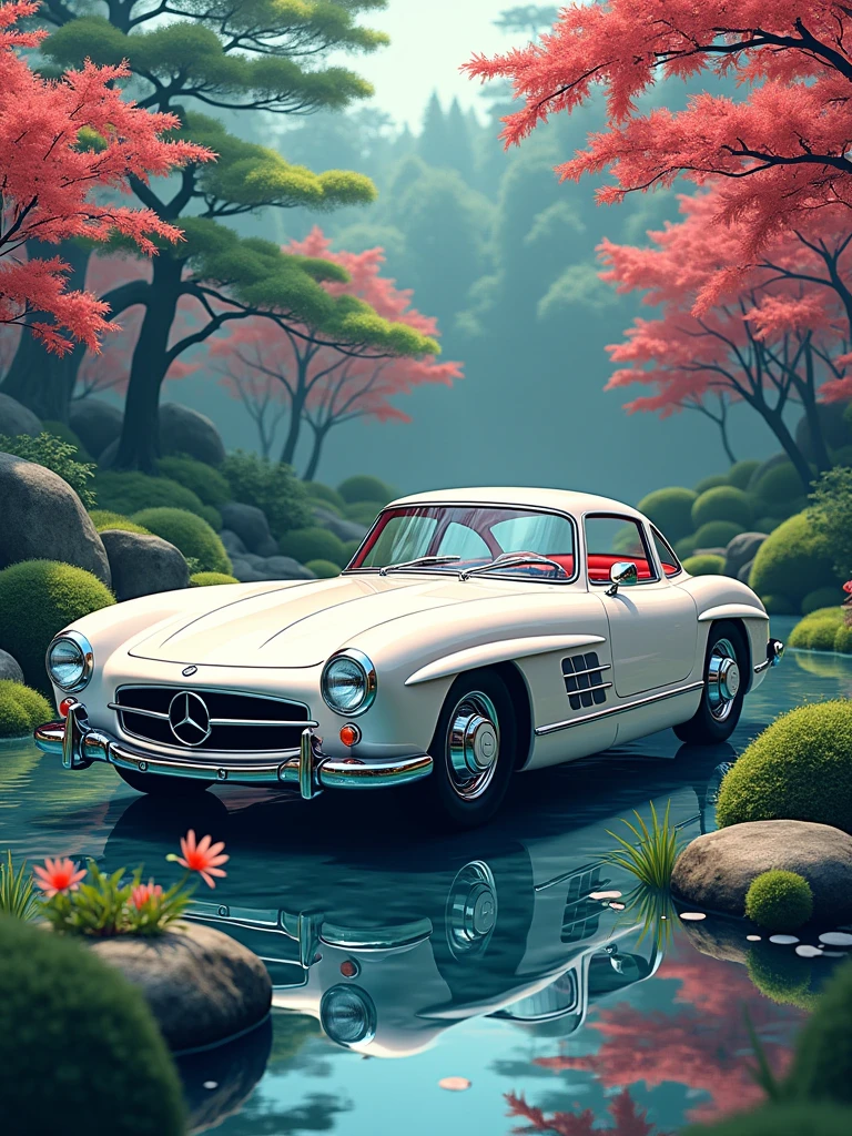 Mercedes-Benz 300SL, (anime style:1.8), In a Japanese garden with stones and streams, luxurious bright contemporary modern full, relaxed, peaceful, cute, magical, surreal, fancy, elegant, intricate, highly detailed, very sharp focus, detail, cool light, shining, vibrant, beautiful, thought, perfect, professional, artistic, innocent