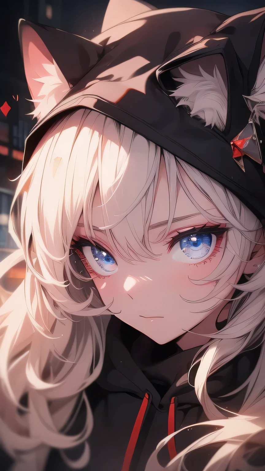((8k resolution))、((Highest quality))、((masterpiece))、((Very detailed))((((dramatic))), (((Rough feeling))), (((intense)))Focus on the face, cutegirl,cat girl, Hoodie