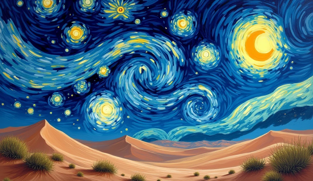 Breathtaking,Van Gogh-style starry sky in the quaint night sky,rolling desert,Expansion,