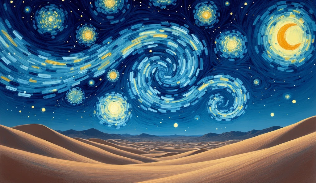 Breathtaking,Van Gogh-style starry sky in the quaint night sky,rolling desert,Expansion,
