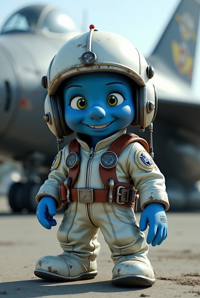 A Smurf wearing a pilot suit
