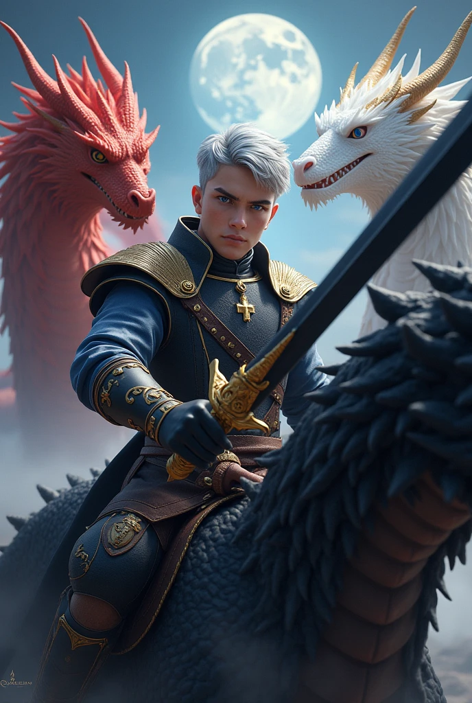 Short_silver_hair, hair_back_side, small_bangs_on the sides, ung_man, really_sky_blue_eyes, beautiful_and_detailed_eyes, serious_face, dress, noble_fantasy_uniform, holding_a_black_sword_with_golden_dragon_handle, bulky_body, detailed_hands, with_real_like_dragons, riding_black_dragon, fire_dragon, white_dragon, background_Moonlight, better_quality, HD_quality