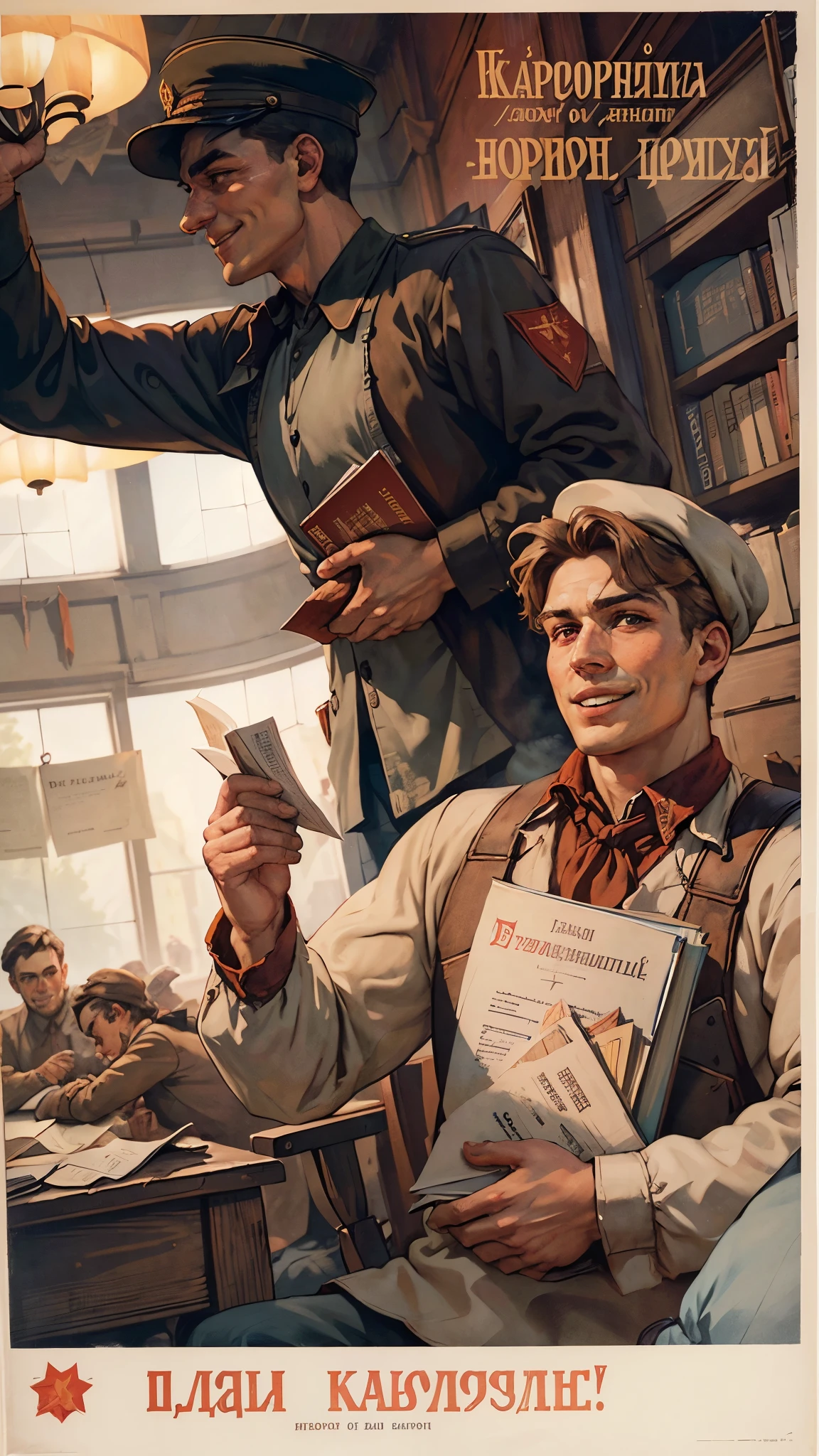 (best quality:1.2), Man holding up a book，The cover has the words &quot;Das Kapital&quot;，Wide-angle lens，Smile, Profile,Dynamic Angle， Soviet Union, poster,  8k，masterpiece，