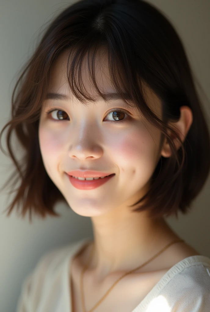 Highest quality, Face Focus, Soft Light, Ultra-high resolution, (Realistic:1.4), RAW Photos, 1 Japanese girl, alone, cute, (A shy smile:0.5), (Brown eyes, Light in your eyes), Beautiful face in every detail, (Small box),(High resolution detail of human skin texture), (Short Bob Hair), break, Best, skirt