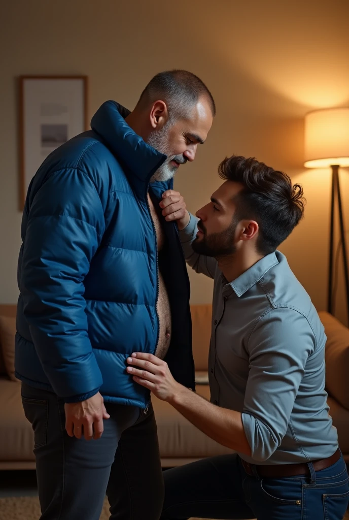 Create a hyper-realistic, high-resolution image showing two extremely handsome  brightly lit living room. The wonderful and seductive uncle, aged 42, with short hair beginning to show signs of balding, is wearing dark pants and an open, *extremely shiny blue nylon puffer jacket* that exposes his slightly hairy chest and slightly prominent belly. He is kneeling on the floor, *wearing a collar around his neck*, being pulled by his gorgeous nephew, a 26 yo man with a naturally attractive physique, dressed in a fitted shirt and casual pants, stands next to his wonderful uncle. (((The *nephew pulls the collar with a confident and authoritative expression*, while the uncle, *kneeling*, looks up with a submissive expression))). The living room is warmly lit, with modern, comfortable decor that enhances the realism of the scene. The image should capture every detail with precision, emphasizing the interaction and contrast of roles between the two men.