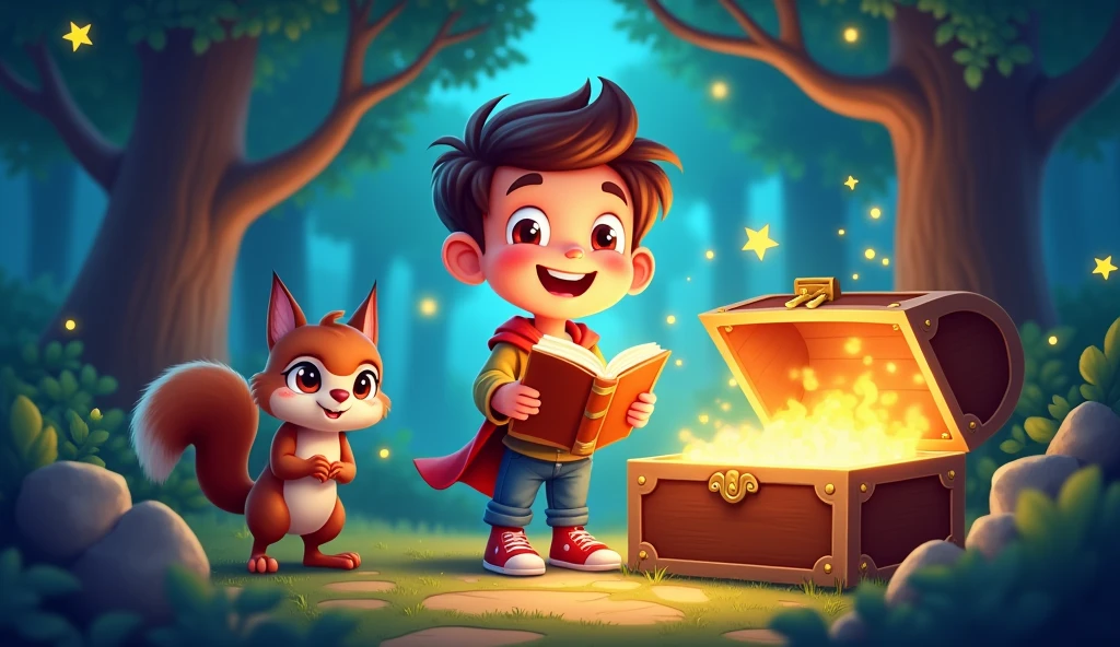 Visual Elements:Bright, Colourful Background: Use a vibrant, magical forest background with glowing trees and sparkling stars to create a sense of wonder and magic.Main Characters: Feature a big, smiling Timmy in the foreground holding a glowing book, with a talking squirrel and a wise owl beside him, looking excited and friendly.Treasure Chest: Include a partially open treasure chest with a soft glow coming out of it, hinting at the hidden secrets and adventures inside.Mystical Effects: Add sparkles, light rays, and fairy dust around the characters and the treasure chest to enhance the magical feel.Text Elements:Bold, playful text at the top: "Magical Adventure in the Enchanted Forest!"Smaller, captivating text at the bottom: "Talking Animals & Hidden Treasure!"Make sure the colours are bright, and the text is bold and easy to read to attract viewers' attention at a glance.