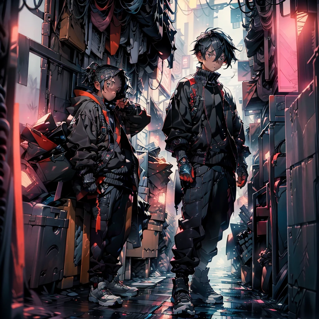 masterpiece, best quality), (Complex lighting), 1 boy，Handsome, Solitary, Complex lighting effects, black eyes,The proportions of the characters are normal， Cold and expressionless, Character against the wall,Cyberpunk city background,anime boy，Panoramic view