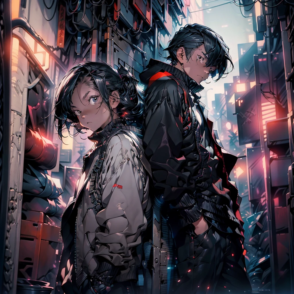 masterpiece, best quality), (Complex lighting), 1 boy,Handsome, Solitary, Complex lighting effects, black eyes,The proportions of the characters are normal, Cold and expressionless, Character against the wall,Cyberpunk city background,anime boy,Panoramic view